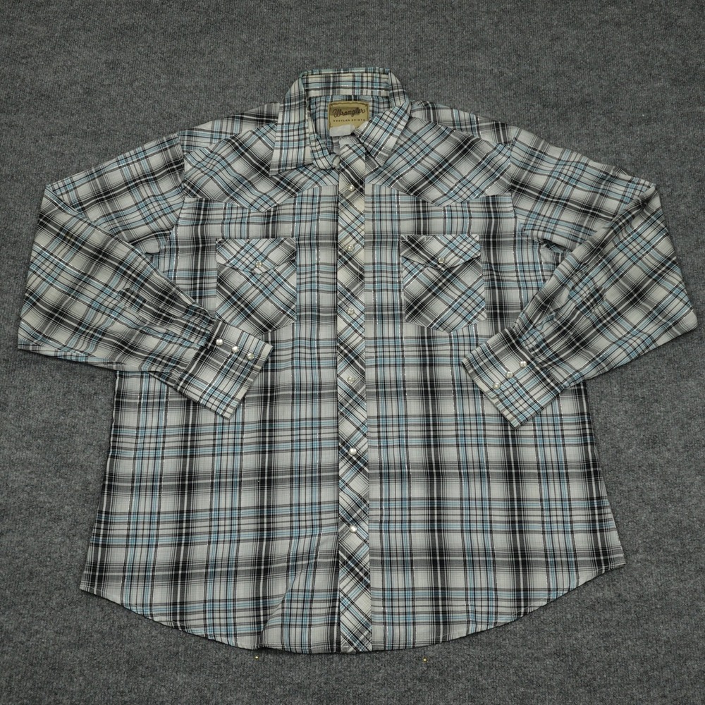 Wrangler Shirt Mens XL White Plaid Metallic Thread Pearl Snap Western L/S